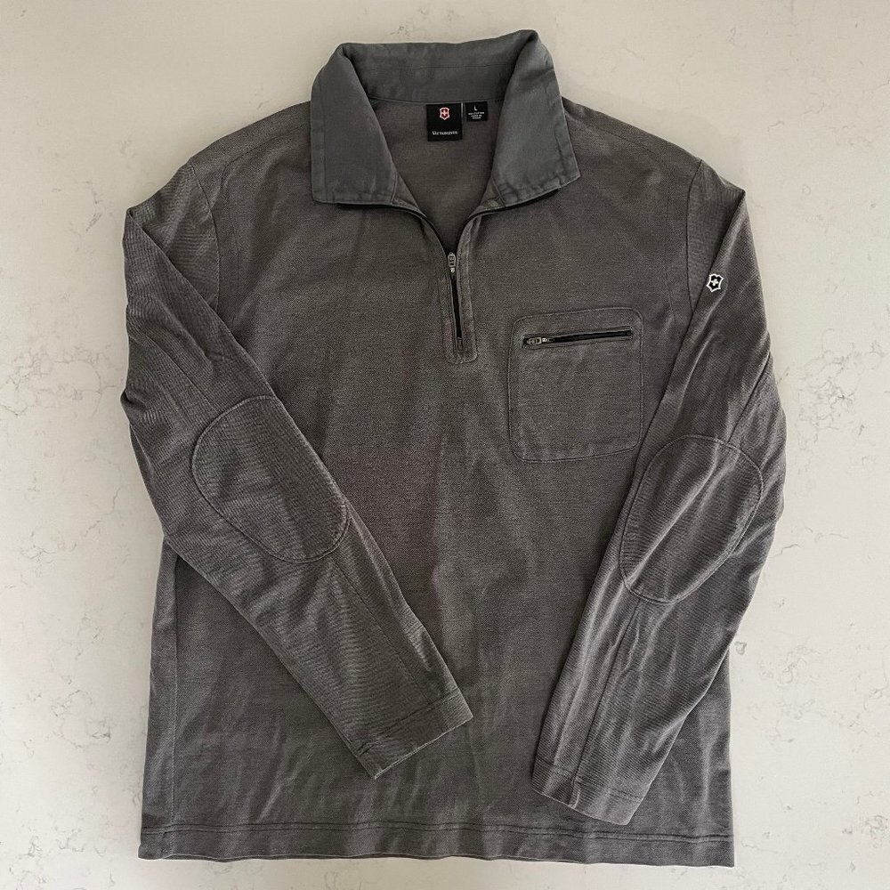 Victorinox Sporty Lg Sleeve 1/4 Zip Collared 100% Cotton Shirt Heather Gray Sz L